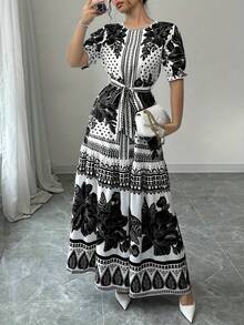 New 2026 Model: Floral A-Line Dress With Short Sleeves And Boat Neck, Elegant For Summer - 黑色 - 查看 1