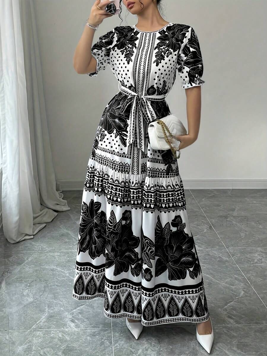 New 2026 Model: Floral A-Line Dress With Short Sleeves And Boat Neck, Elegant For Summer - 黑色 - 查看 1
