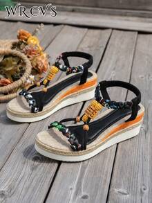 WRCVS Sandal Tali Anyaman, Sandal Platform Wedges Musim Panas, Sol Tali, Anyaman Manik-Manik Buatan Tangan dengan Pola Acak, Sandal Liburan Ringan, Sandal Luar Ruangan Gaya Bohemian yang Menambah Tinggi Badan - Hitam - View 6