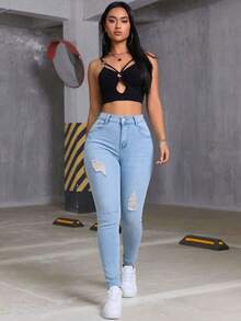 Women's Skinny Denim Jeans With Elastic Mid-Rise Knees, Butt Lifting Pants - azul claro - View 9