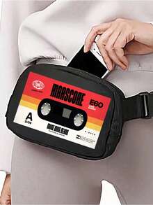 Bolsa transversal de peito com estampa de fita cassete vintage - Bolsa de cintura estilo nostálgico (alça ajustável) - Pequena bolsa transversal de ombro - Bolsa de armazenamento leve com fecho de correr unissexo - Estilo hip hop Y2K de rua - Adequada para corrida, viagens, fitness, festivais de música e uso casual diário - Multicolorido - Ver 5