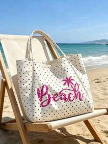 白色波點海灘托特包，飾有「Beach」字母與棕櫚樹印花，大容量帆布單肩包，可重複使用，適合購物與旅行，可折疊帆布單肩托特包，通勤包，平板電腦包，收納包，夏季必備旅行包 - 彩色 - 查看 1