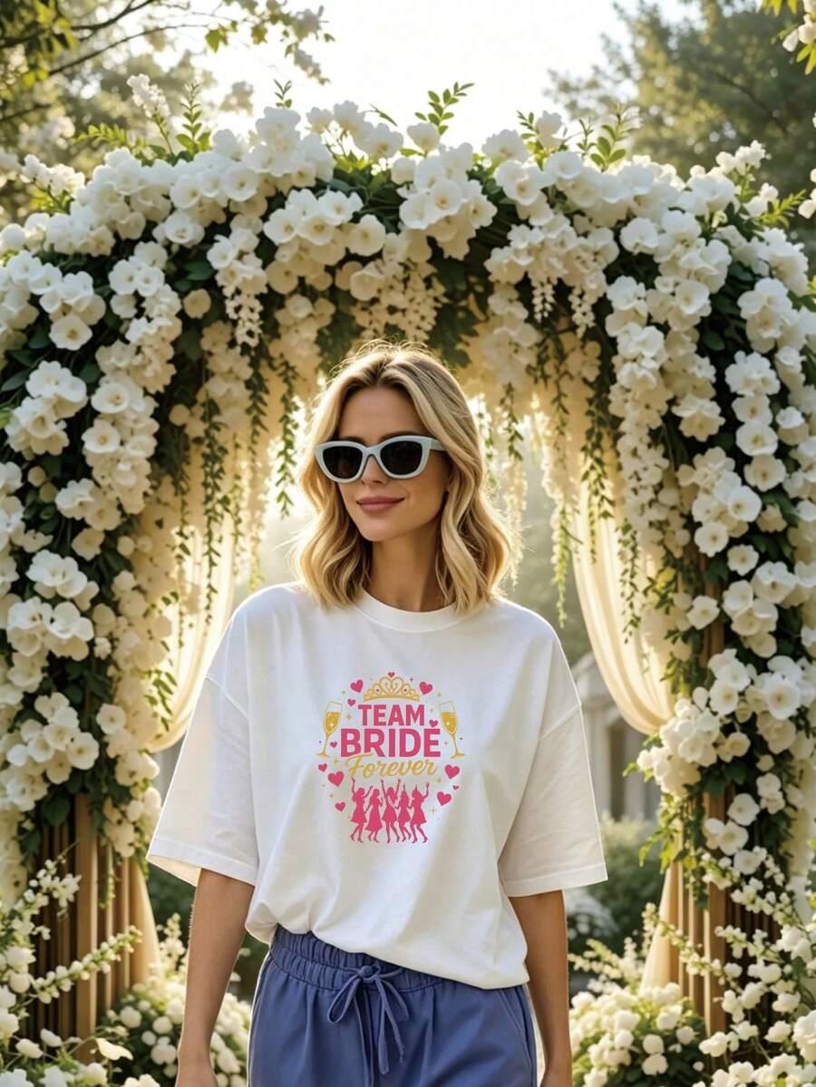 Summer Beach, Bride Forever Crown Champagne Bridesmaids 2026 Women's Short Sleeve Shirt Bridal Pattern Bride Bridesmaid Group Summer Topcotton T-Shirt, Wedding Party - 白色 - 查看 1