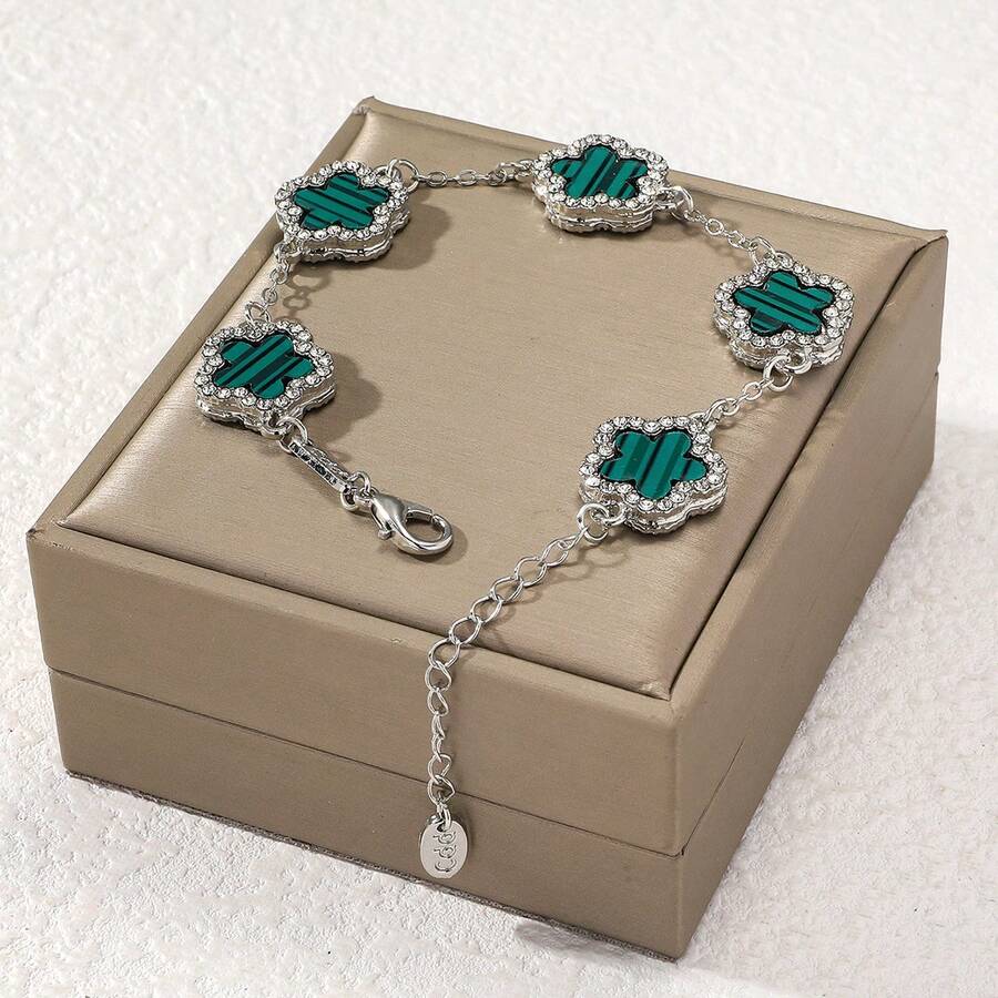 1pc Five-Leaf Clover Multicolor Rhinestone Inlaid Fashionable Elegant Premium Women's Bracelet (No Packaging Box) - Silver Stripes - View 1