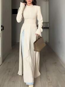 Women's Elegant Minimalist Stand Collar Long Sleeve High Slit Long Top Robe (With Shoulder Pads) Solid Color Back Tie High Slit To Thigh Long Top, Suitable For Daily Wear And Dating In Autumn/Winter - Apricot - View 6