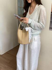 Women's Bucket Handbag, Fashionable Versatile Elegant Solid Color Striped Khaki Bag With Scarf, Suitable For Shopping And Commuting, Includes Small Pouch - Khaki - View 6