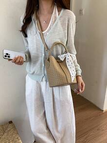 Women's Bucket Handbag, Fashionable Versatile Elegant Solid Color Striped Khaki Bag With Scarf, Suitable For Shopping And Commuting, Includes Small Pouch - Khaki - View 8