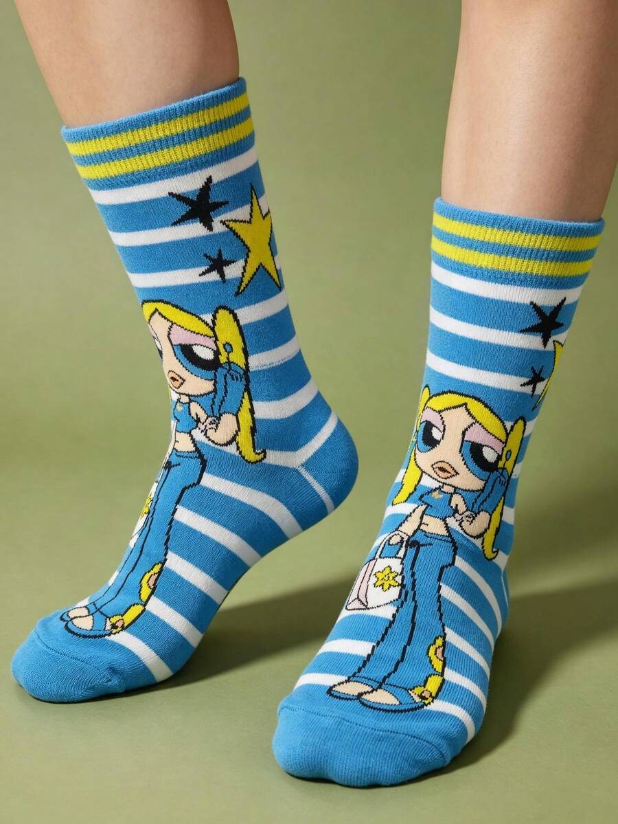 Noctvar OBM Sleepwear X Powerpuff Girls Cartoon Pattern Striped Contrast Trim Crew Socks, Y2K Street Style Blue Striped Star Pattern Mid-Calf Socks - Multicolor - View 1
