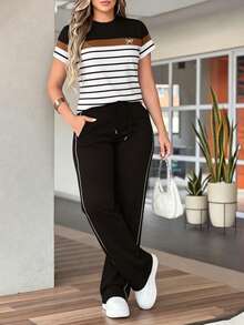 Conjunto informal de 2 piezas para primavera/verano, con top de manga corta de color contrastante y pantalones de cintura ceñida de unicolor. Ajuste favorecedor y cómodo apto para uso diario - Negro - Ver 2