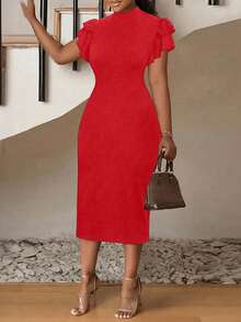 IGKEEL Plus Size Butterfly Sleeve High Neck Fitted Dress Spring/Summer - Red - View 1