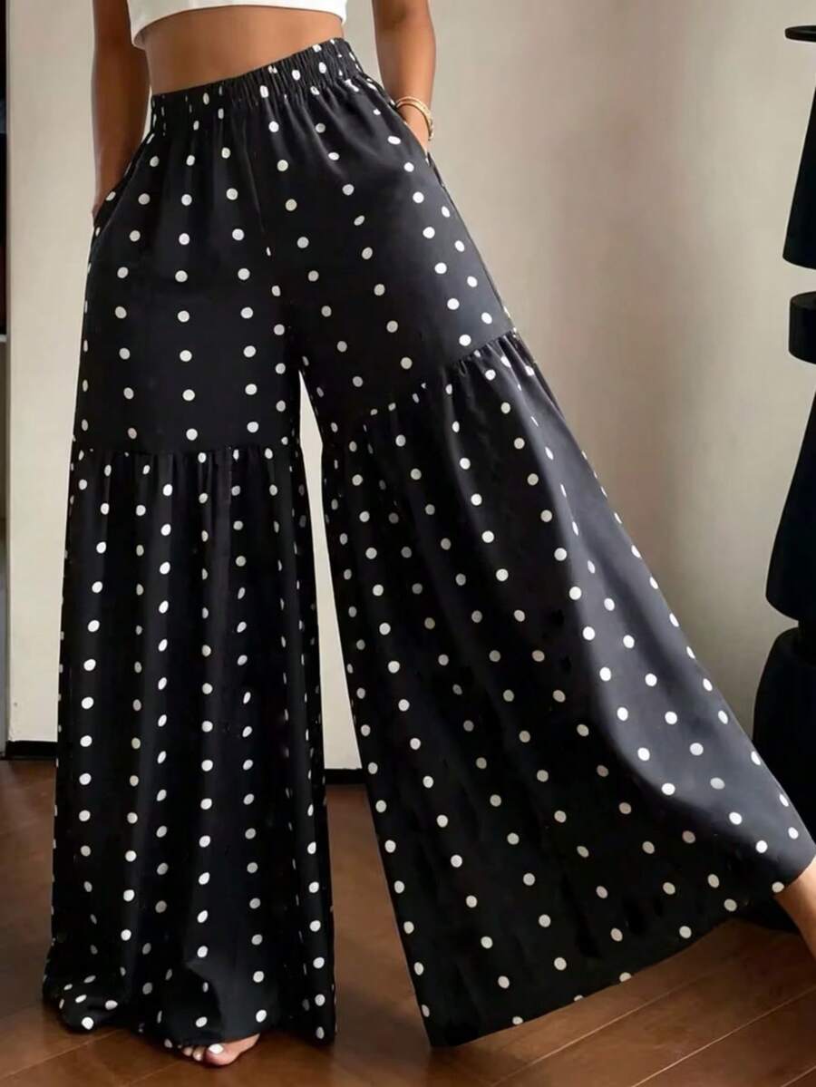 Women's Elegant Polka Dot Print Wide Leg Pants, Comfortable Loose Fit, Suitable For All Seasons Vacation, Resort Wear - Black and White - View 1