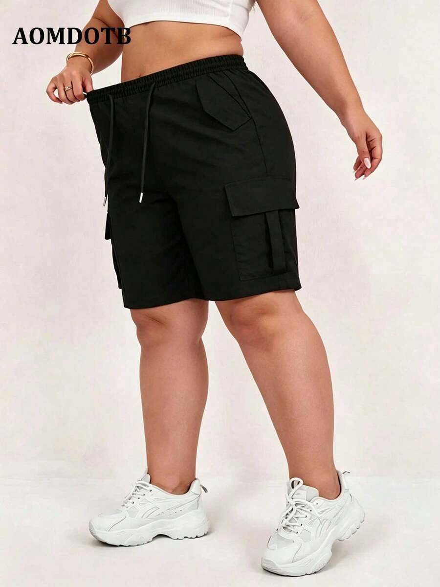 Women's Plus Size Casual Sports Cargo Shorts, Versatile Fashion Multi-Pocket Design, Elastic Waist With Drawstring Adjustment Black