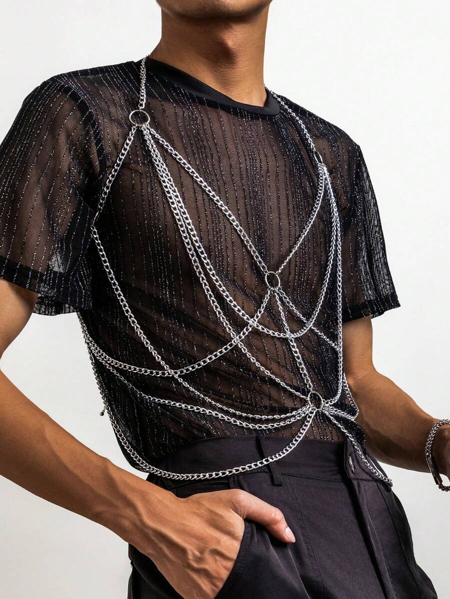 Y2K Industrial Gothic Men's Silver Layered Body Chain Harness, Multi-Layered O-Ring Detail Chest Chain, Punk Body Jewelry For Rave Festival Club Party - Multicolor - View 1