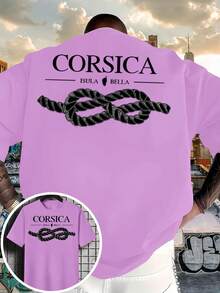 New 2026 Men's T-Shirt, Solid Color And Simple Design, With Regular Shoulder Design, And A Knot Pattern Printed On The Front And Back That Says CORSICA And ISULA - 黑色 - 查看 11