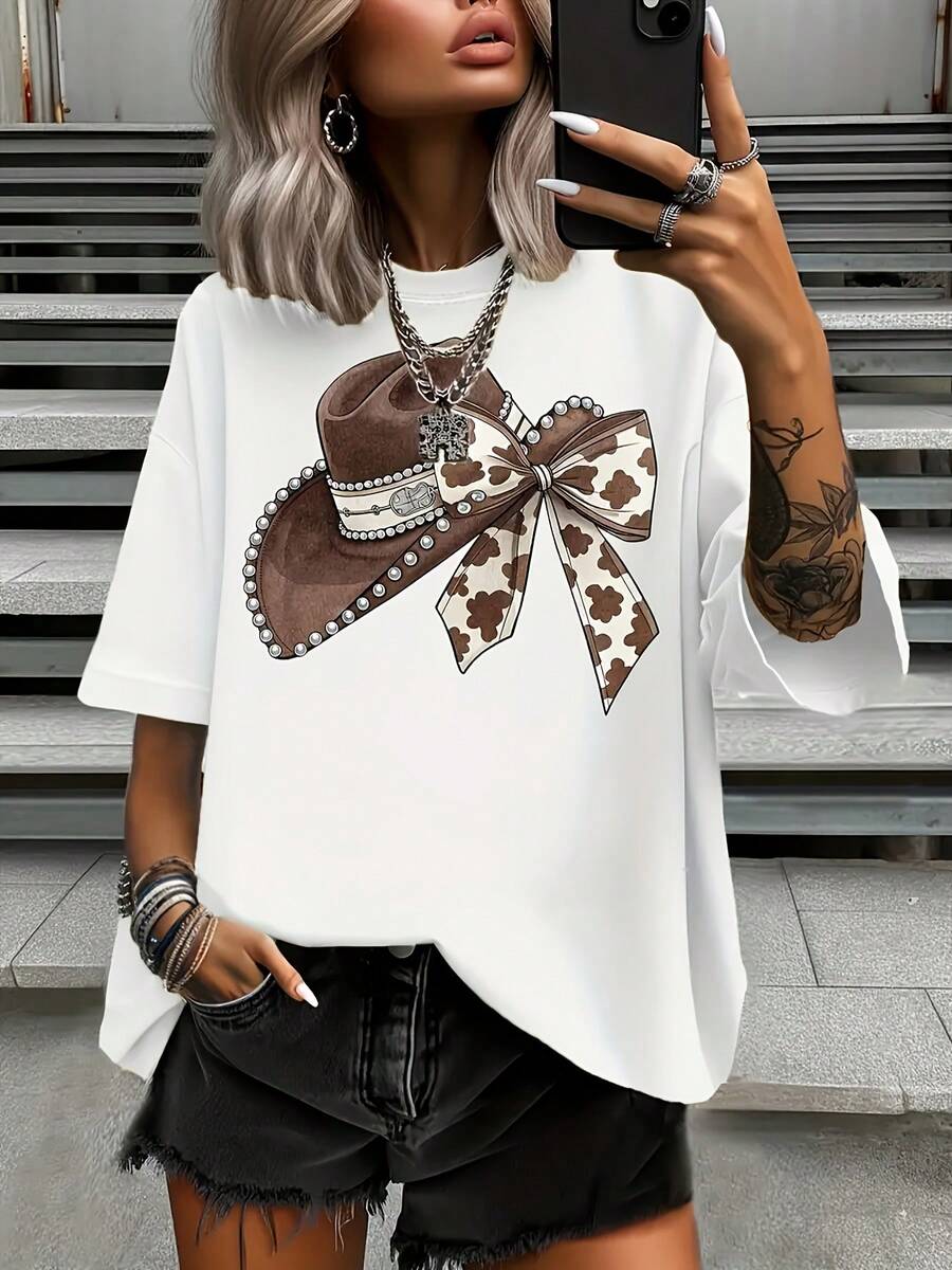Women's Summer T-Shirt With Print - 白色 - 查看 1