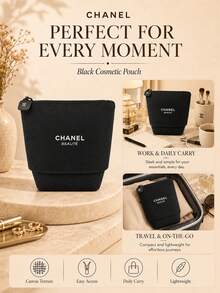 Chanel 黑色彈性帆布化妝包 14*13.5cm，耐用帆布材質，可擴展容量，結構底座可直立，適合個人使用與送禮 - 黑色 - 查看 9