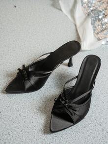 Giày cao gót nữ sandal mũi nhọn gót nhọn đính nơ satin đen, giày dự tiệc đi tiệc hẹn hò Valentine mặc hàng ngày, phong cách mới xuân hè 2026 - màu đen - Xem 1