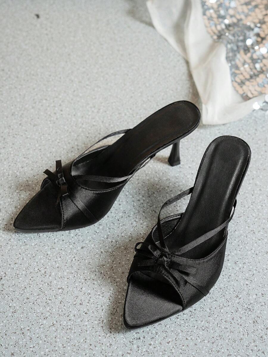 Giày cao gót nữ sandal mũi nhọn gót nhọn đính nơ satin đen, giày dự tiệc đi tiệc hẹn hò Valentine mặc hàng ngày, phong cách mới xuân hè 2026 - màu đen - Xem 1
