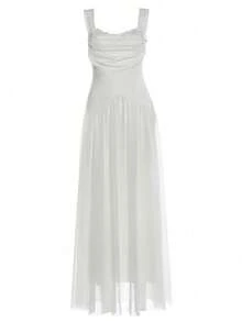 Romantic & Elegant Women's Net-Sheer Dress With Pleated Waist And Ruffled Halter Top, All White High-Waisted Wedding Dress For Formal Events, Parties - White - View 2