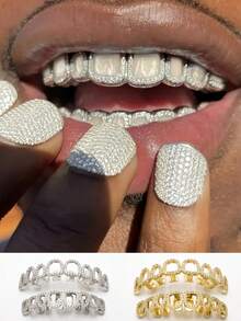 2pcs/Set European & American Hollow Full Rhinestone HIPHOP Grillz, Personalized Teeth Decoration For Halloween - Multicolor - View 6