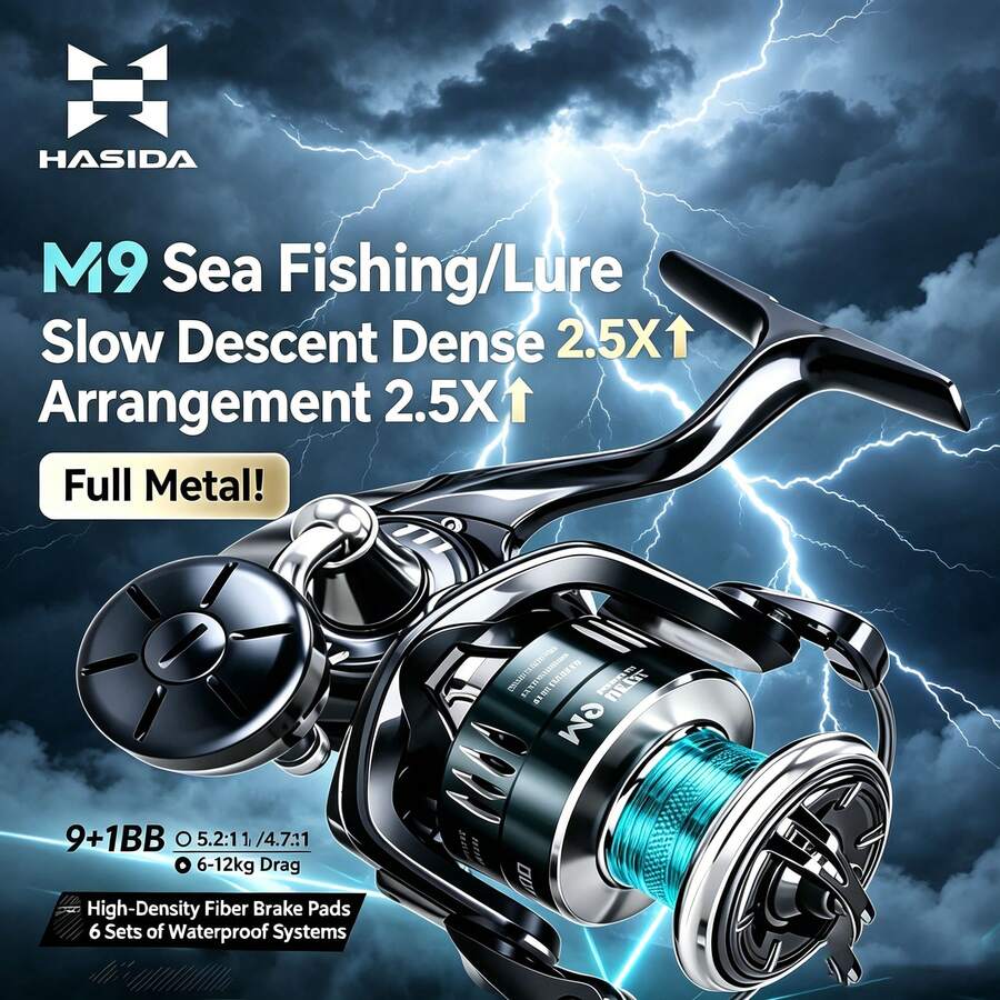 HASIDA M9 全金属机身远投专业级纺车轮,6-12kg 刹车力,5.2:1/4.7:1 高速齿轮比,9+1 轴承 - 銀色 - 查看 1
