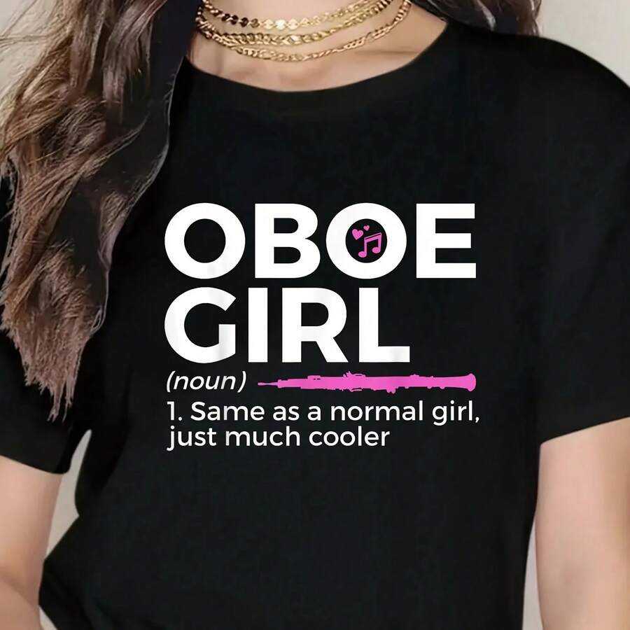 Funny Oboe Girl Definition Funny Oboe T-Shirt - Wo's Casual Short Sve Crew Neck T-Shirt For Spring & Summer, Printed Graphic Tee For Sport Lovers,  Cotton,s, 30g Fabric - Negro - Ver 1