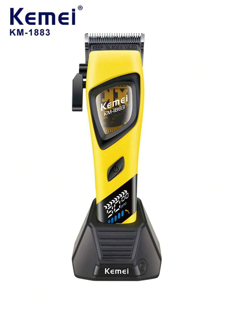 Kemei KM-1883 電動理髮剪 USB 快充附充電底座,8000-9000 RPM 低噪音高速馬達,粉末冶金刀頭理髮修剪器,2 檔可調 LED 數位顯示電動理髮剪禮盒裝 1 入 - 黃色 - 查看 1