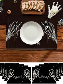 4pcs/1pc Halloween Skeleton Hand Shaped Creative Placemats -- Gothic Party Table Decor, Rustic Indoor Kitchen Table Decor, Suitable For Holiday Theme Parties, Gatherings, Autumn/Winter Table Decor - Multicolor - View 1