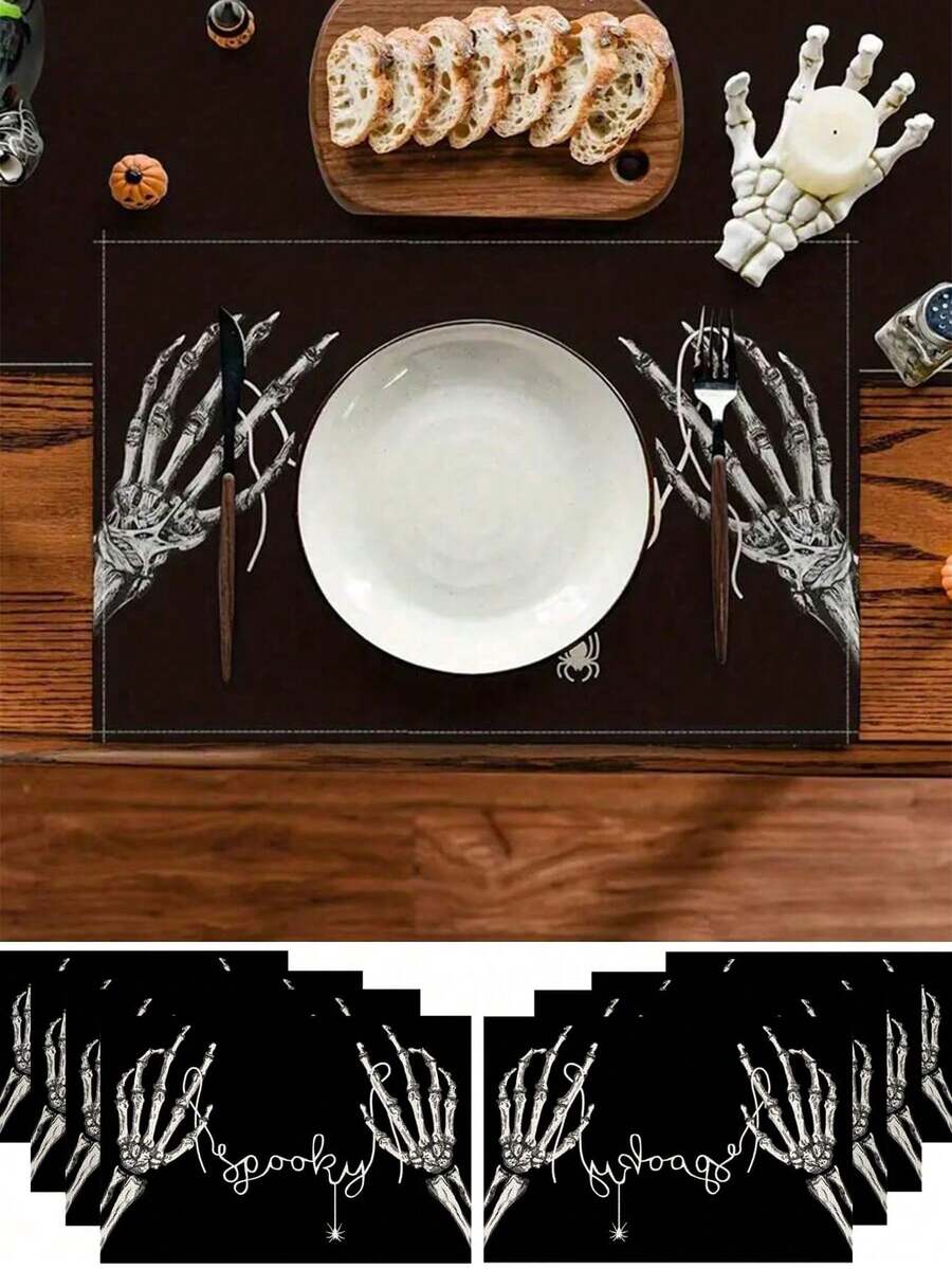 4pcs/1pc Halloween Skeleton Hand Shaped Creative Placemats -- Gothic Party Table Decor, Rustic Indoor Kitchen Table Decor, Suitable For Holiday Theme Parties, Gatherings, Autumn/Winter Table Decor - Multicolor - View 1
