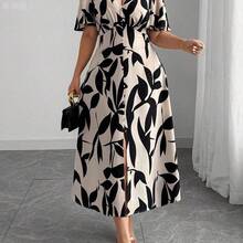 yonghongmaoyi1  Vestido de media manga con cuello en V, cintura con lazo, botones decorativos en el bajo y abertura, estilo elegante francés para uso casual - Rosa - Ver 5