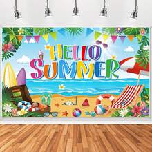 1pc Summer Party Decorations, Hello Summer Beach Party Backdrop Banner, Colorful Beach Scene Photography Background - View 1