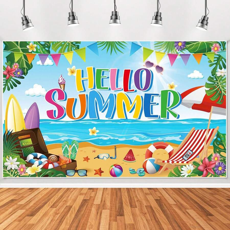 1pc Summer Party Decorations, Hello Summer Beach Party Backdrop Banner, Colorful Beach Scene Photography Background - View 1