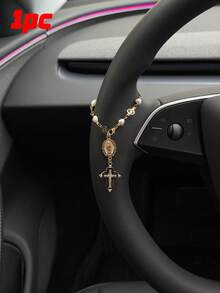 1pc Steering Wheel Decor, 15cm Adjustable Length, Minimalist, Cute, Creative Rosary Beads Car Pendant Accessory, Unique Fashion Car Hanging Decoration - White Oval Disc With Black Border and Cross - a - View 1