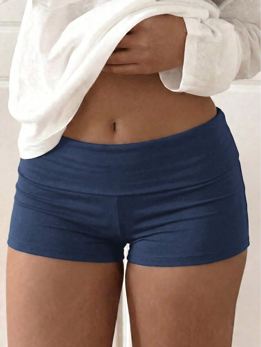 Summer Women's Y2K Style Striped Shorts, Low Waist Foldable Waistband Design, Perfect For Casual, Home, Street And Daily Commute - Navy Blue - View 1