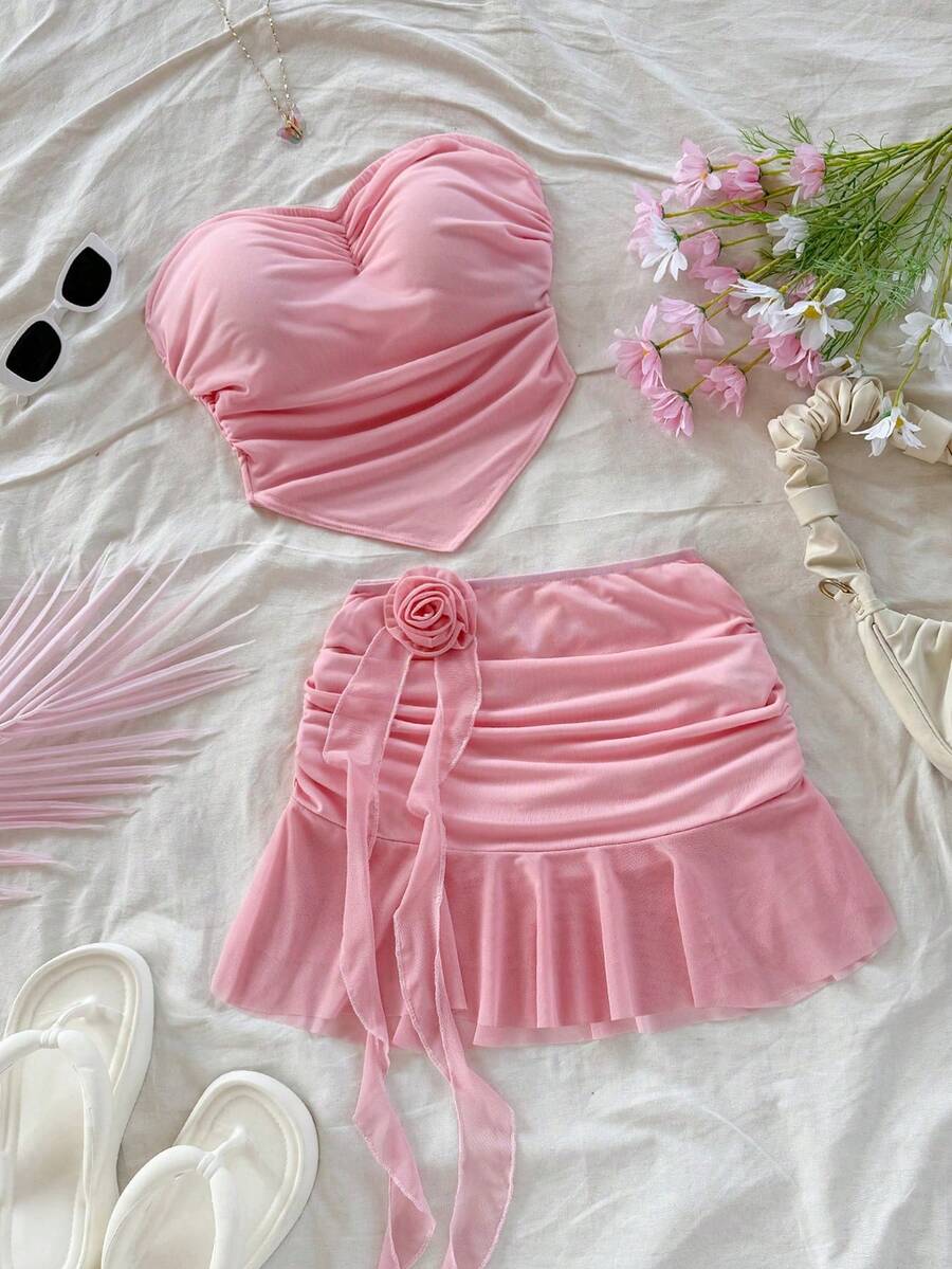 Set de 2 piezas: Top tubo con flores 3D y mini falda, ropa casual de playa minimalista y de moda para uso diario - Rosa Pálido - Ver 1