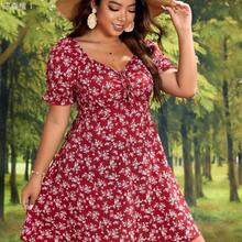 jianchaimaoyi02  VCAY Vestido corto de mujer talla grande con cuello de corazón floral negro, manga corta con cordón delantero - Azul marino - Ver 4