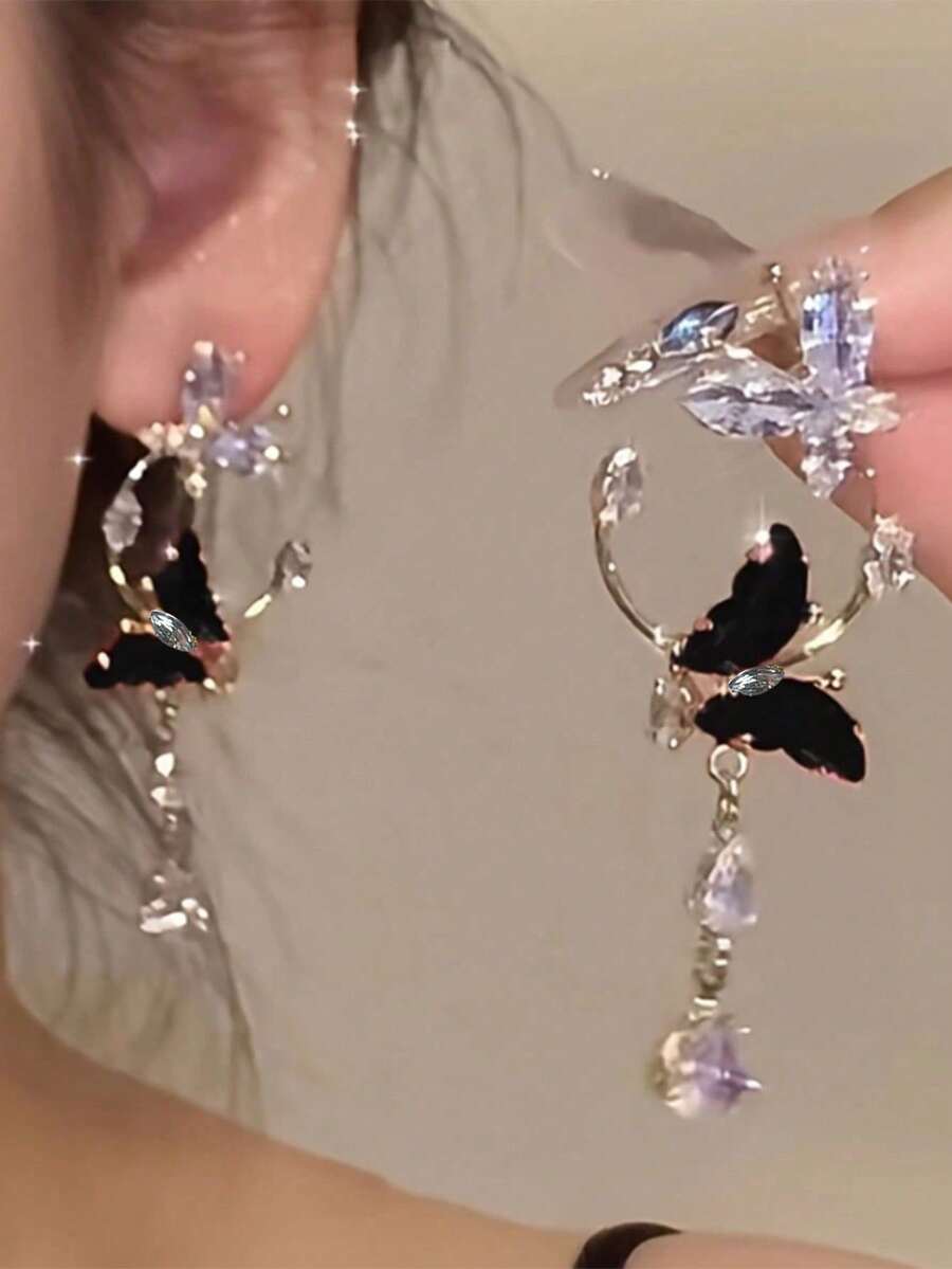 1 Pair Ethereal Black Butterfly Long Tassel Earrings, Versatile For Daily Wear