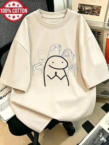 Camiseta casual de verano para mujer, 1 pieza, con estampado de letras y anime a la moda, cuello redondo, de algodón puro, diseño sencillo, cómoda y transpirable, adecuada para el uso diari - Blanco - Ver 1