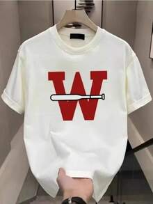1 Red Baseball Letter Print T-Shirt, Short Sleeve Summer Casual T-Shirt, 180g, 100% Cotton - 白色 - 查看 1