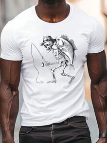 Camiseta casual de hombre, de corte holgado, con estampado de calaveras y pesca,% poliéster, cuello redondo, corte regular, patrón geométrico, manga corta de verano para uso diario. - Negro - Ver 4