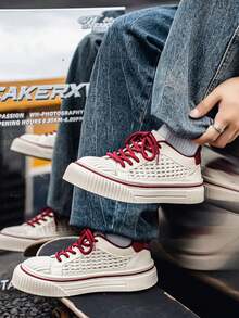 Men's Summer New Style Color-Block Mesh Thick Sole Sports Shoes, Breathable Woven Lace-Up Casual Sneakers, Thick Sole Skateboard Shoes, Versatile Daily Shoes, Breathable Lace-Up Casual Sports Shoes, Thick Sole Comfortable Shoes Suitable For Students And Daily Wear, White And Red Color-Block Thick Sole Mesh Sports Shoes, Retro Woven Lace-Up Casual Men's Shoes, Summer Breathable Versatile Fashion Sports Shoes - Mi Hong - View 6