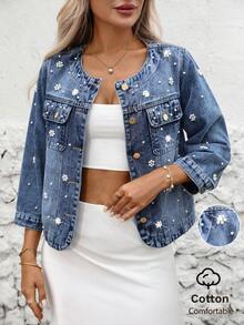 Women's Round Neck Studded Casual Denim Jacket - Blue - View 1