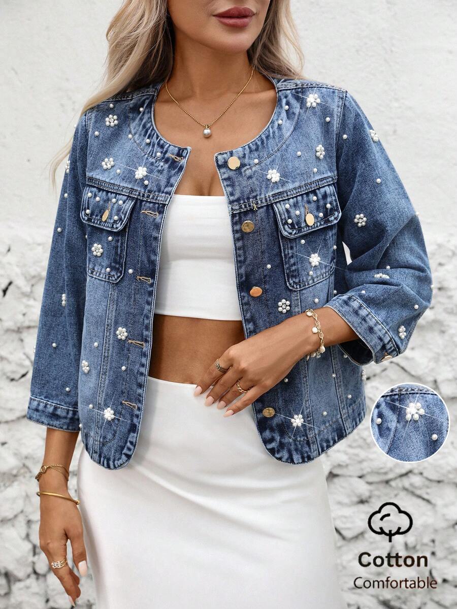 Women's Round Neck Studded Casual Denim Jacket - Blue - View 1