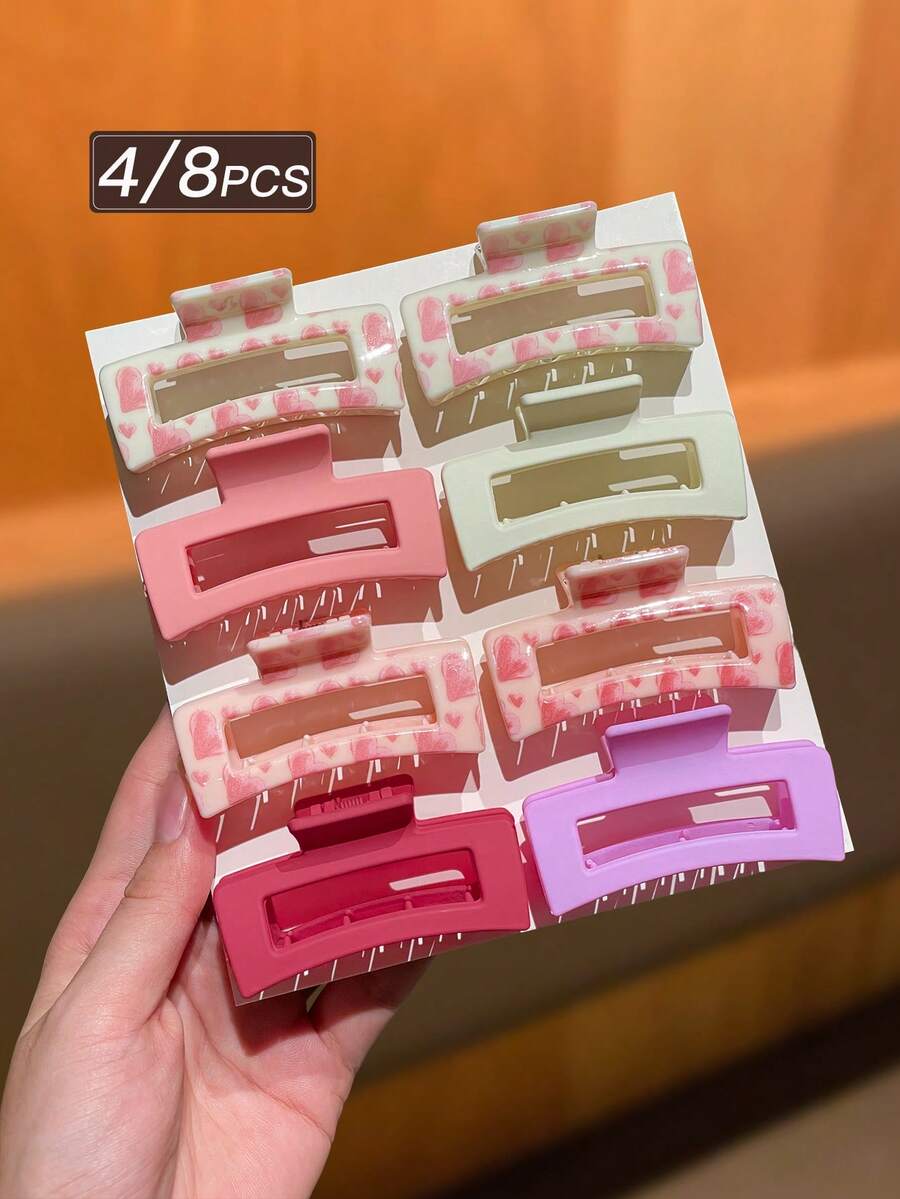 4/8件組女款時尚極簡可愛中號方形愛心圖案粉色髮爪夾，適用於半馬尾，適合日常穿搭於學校、情人節等各種場合，女性完美髮飾配件