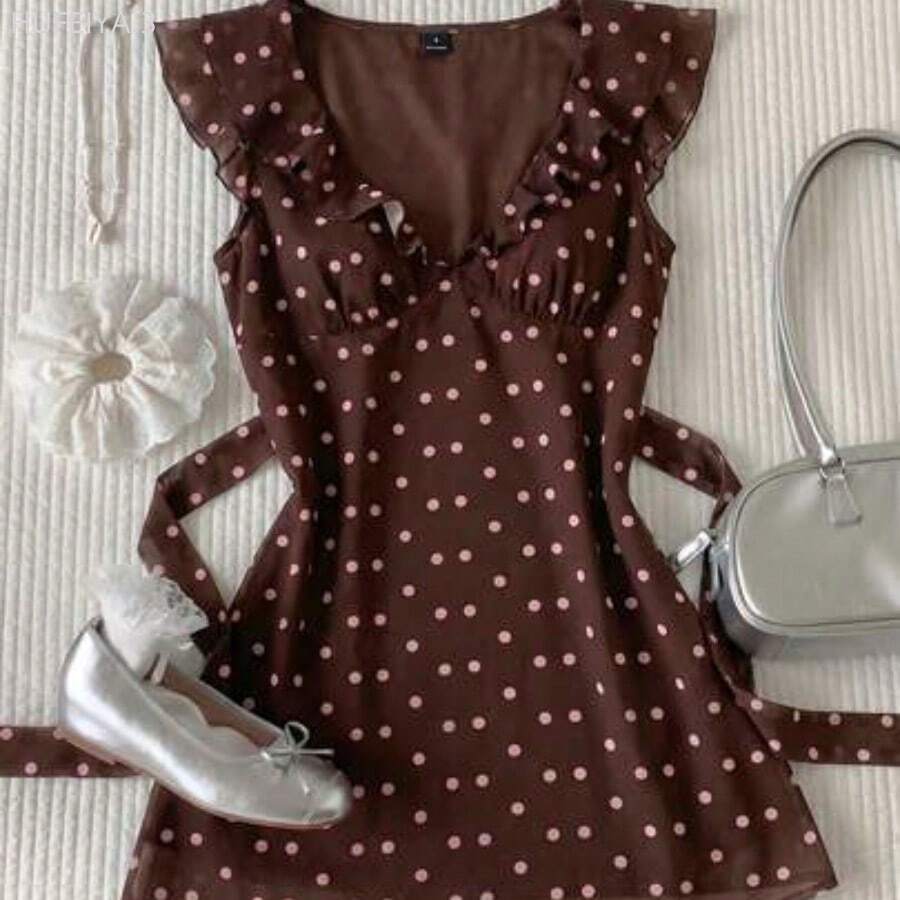 Yunuo Menswear 2026 Nuevo vestido mini de mujer con estampado de lunares y volantes en el bajo, vestido de verano color amarillo pálido, vestido de fiesta, vestido de Pascua, - Café integral - Ver 1