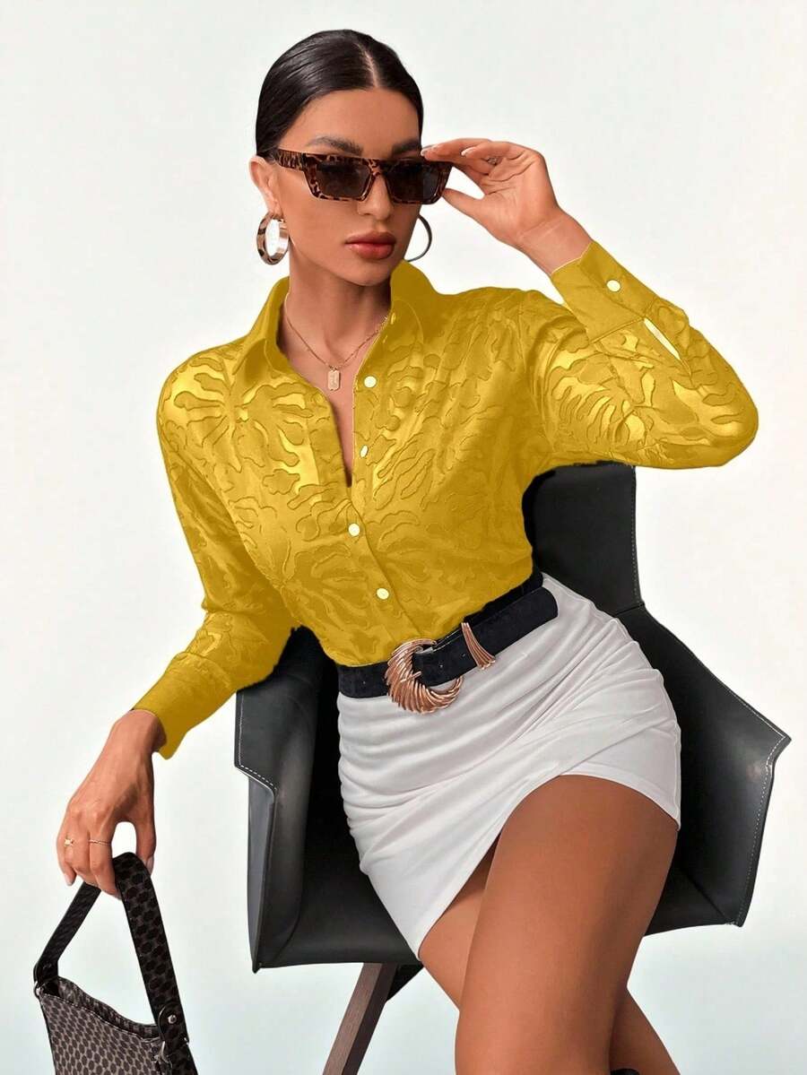 2026 Modichic Camisa transparente sin sujetador con botones para usar en el trabajo, elegante camisa de negocios casual con botones para mujer, blusas de manga larga - Amarillo - Ver 1