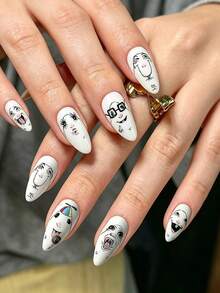30pcs Fun Quirky Cartoon Face Black & White Line Art Design Medium Almond Shape Press-On Nails, Suitable For Girls And Women To Create Unique Nail Art Styles For Campus Activities, Theme Parties Or Outings - Multicolor - View 2