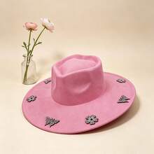 Elegant  Felt Hat With Sparkly Rhinestone Butterfly  Flower Details For Daily  Vacation Outfits - Pink - View 4