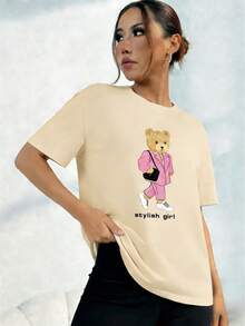 Camiseta con Letras y Osos Estampados, Algodón Cómodo - Blanco - Ver 6