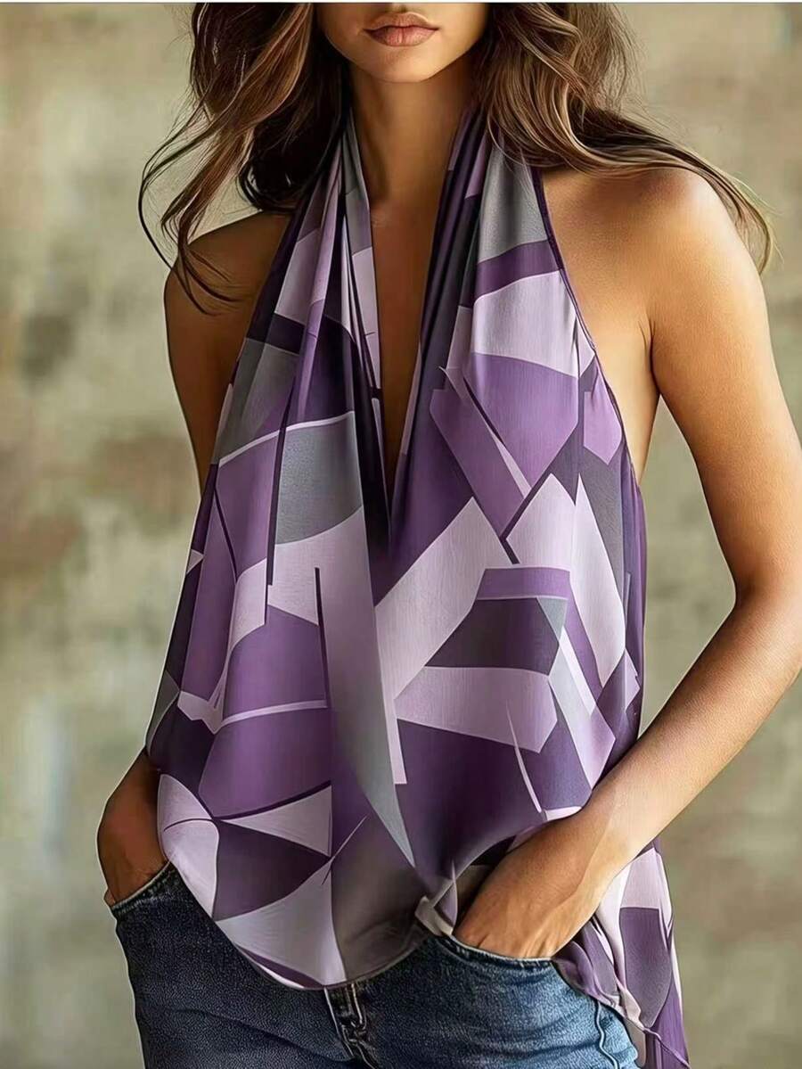 Geometric Pattern Backless Bohemian Top Vacation Summer - Violet Purple - View 1